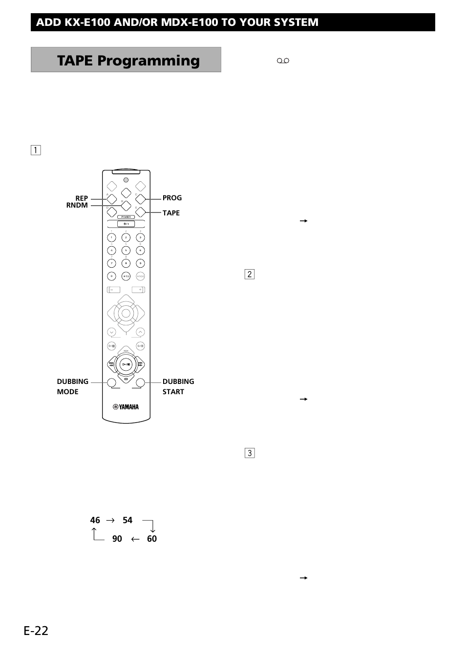 Tape programming, E-22, 1 manual tape programming | 2 automatic tape programming 1, 3 random tape programming 1 | Yamaha RX-E100 User Manual | Page 26 / 30