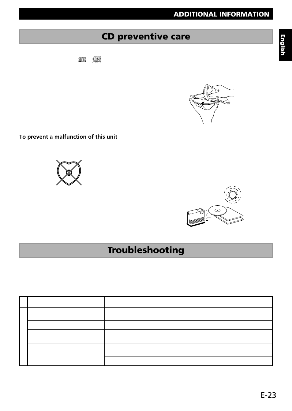 Additional information, Cd preventive care, Troubleshooting | E-23 | Yamaha RX-E100 User Manual | Page 27 / 30