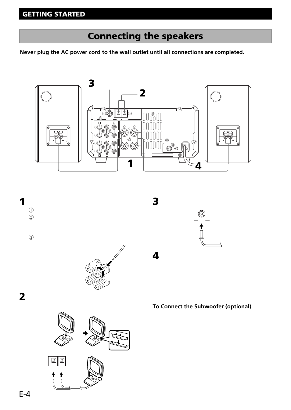 Connecting the speakers, Getting started, Connect the fm antenna | Connect the ac power cord to a wall outlet, Red: positive(+) black: negative(–) | Yamaha RX-E100 User Manual | Page 8 / 30