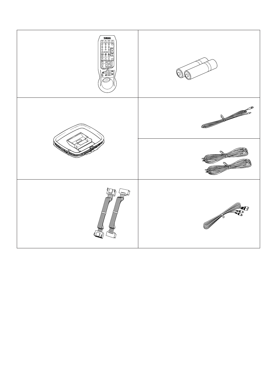 Supplied accessories, Accesorios incluidos, Remote control transmitter | Controlador remoto, Am loop antenna, Antena de cuadro am, System connector cables, Cables de conexión del sistema, Batteries (size aaa, r03), Pilas (tamaño aaa, r03) | Yamaha GX-3 User Manual | Page 2 / 44