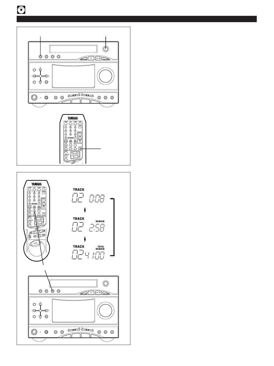 Random play, Switching the time display, E-14 | Compact disc player operation, Load a disc and close the disc table, Time, Track | Yamaha GX-3 User Manual | Page 20 / 44