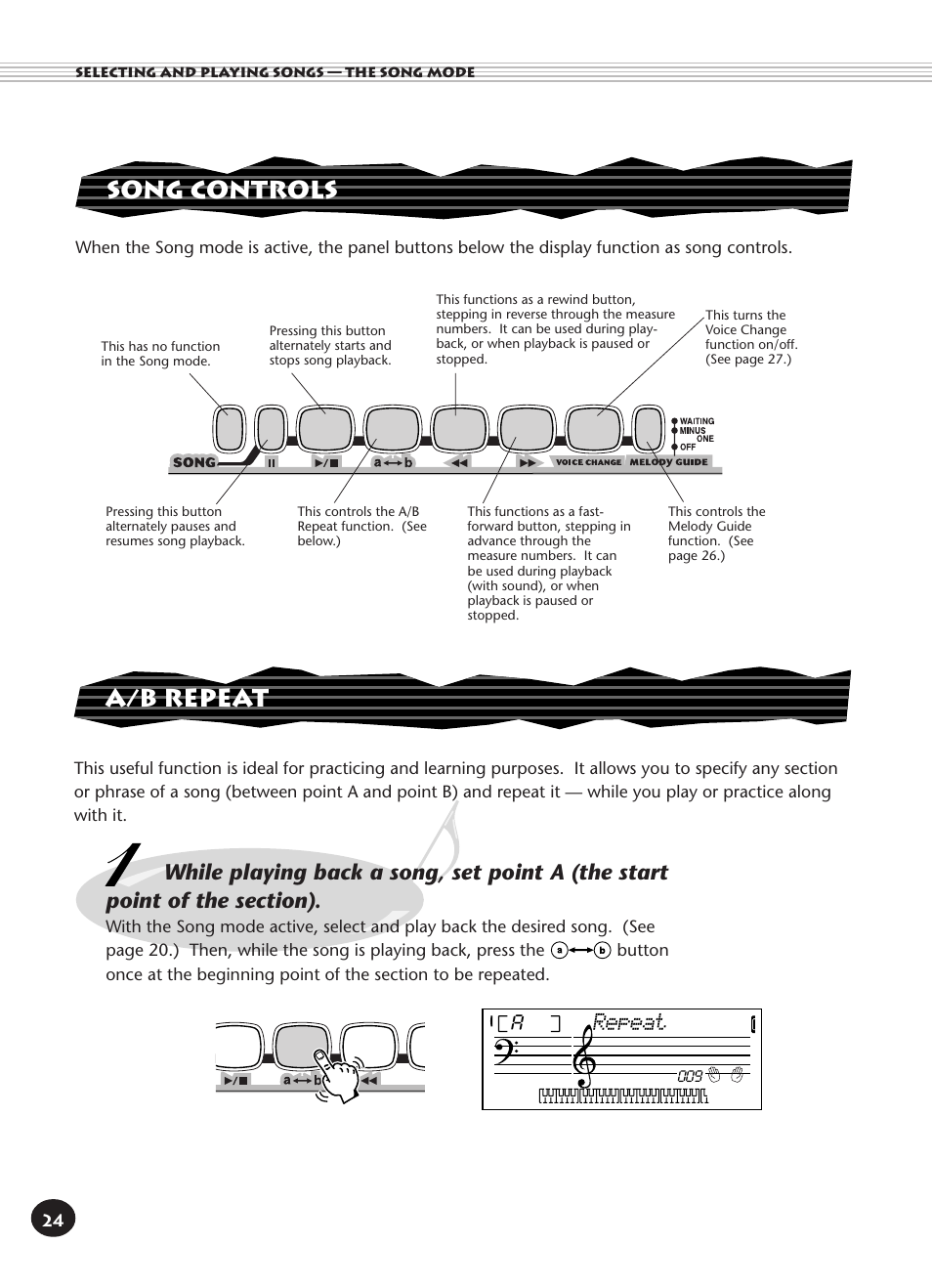 Song controls, A/b repeat, Repeat | Yamaha Built-in User Manual | Page 24 / 52