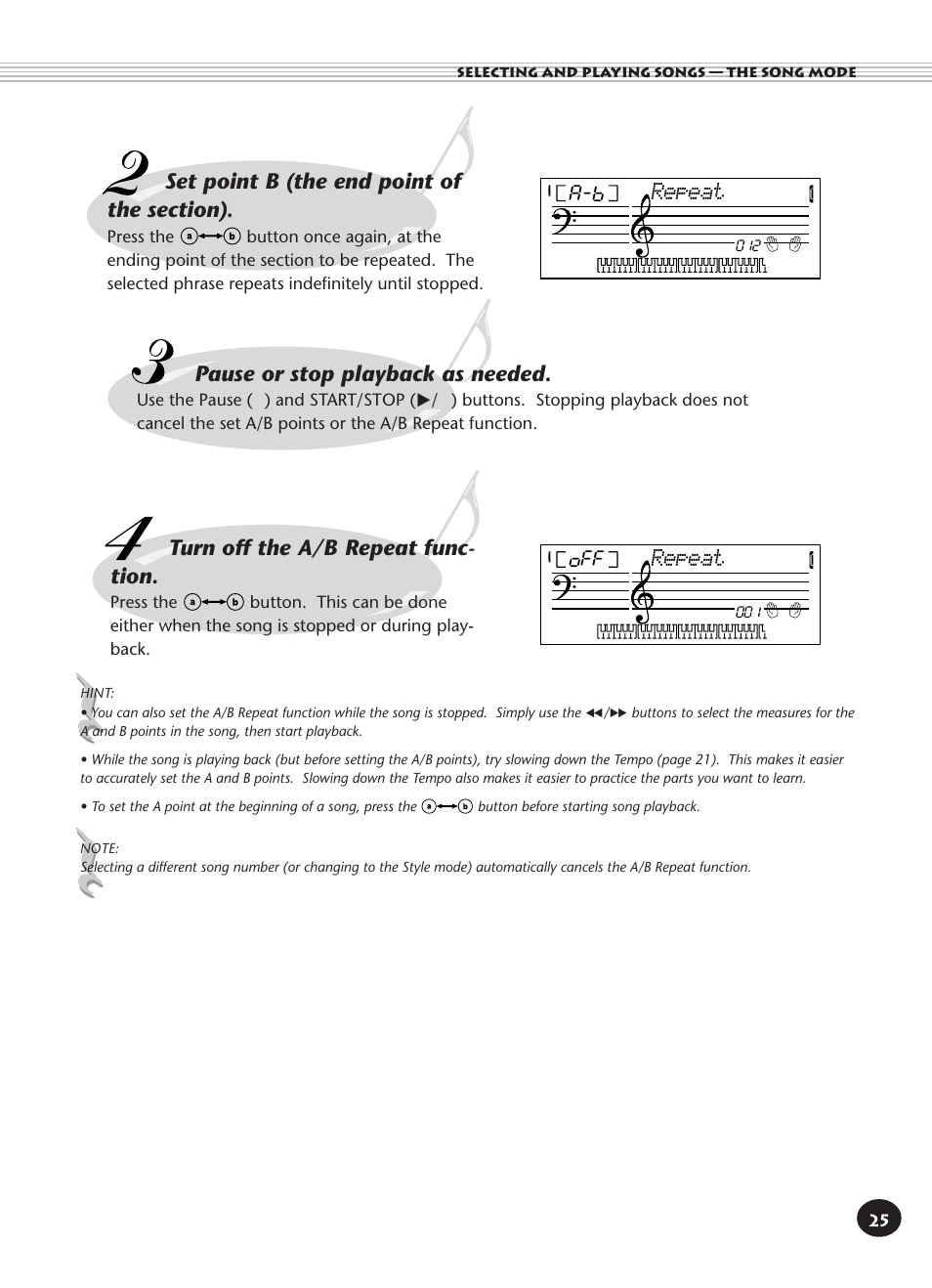 Pause or stop playback as needed, Turn off the a/b repeat func- tion, Repeat | Yamaha Built-in User Manual | Page 25 / 52