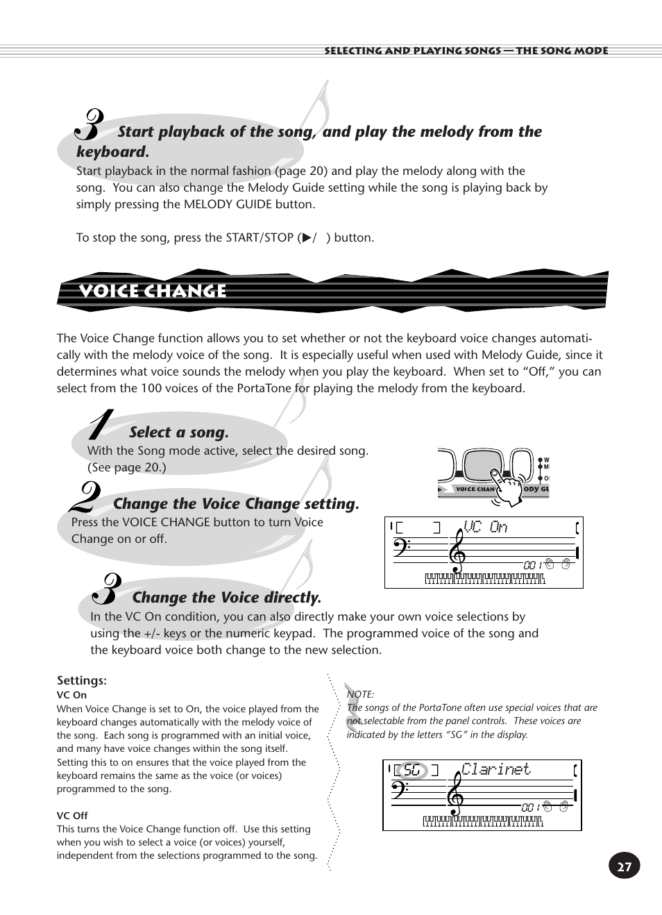 Voice change, Select a song, Change the voice change setting | Clarinet, Vc on, Change the voice directly | Yamaha Built-in User Manual | Page 27 / 52