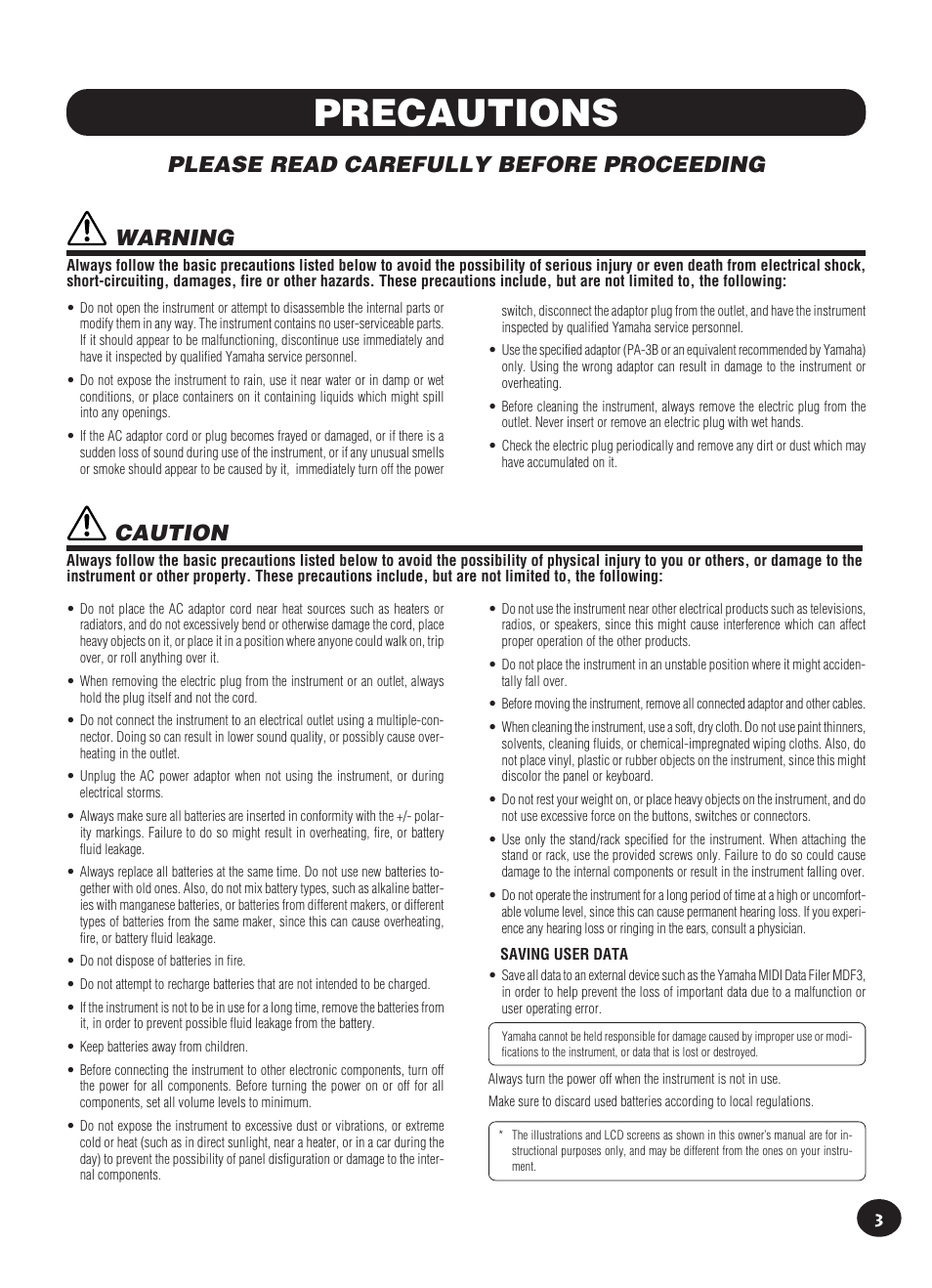 Precautions, Please read carefully before proceeding, Caution | Warning | Yamaha Built-in User Manual | Page 3 / 52