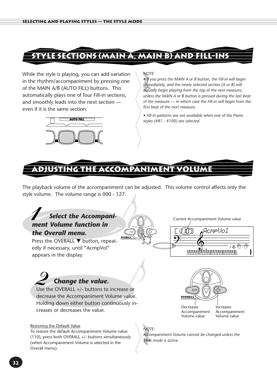 Adjusting the accompaniment volume, Change the value, Acmpvol | Yamaha Built-in User Manual | Page 32 / 52