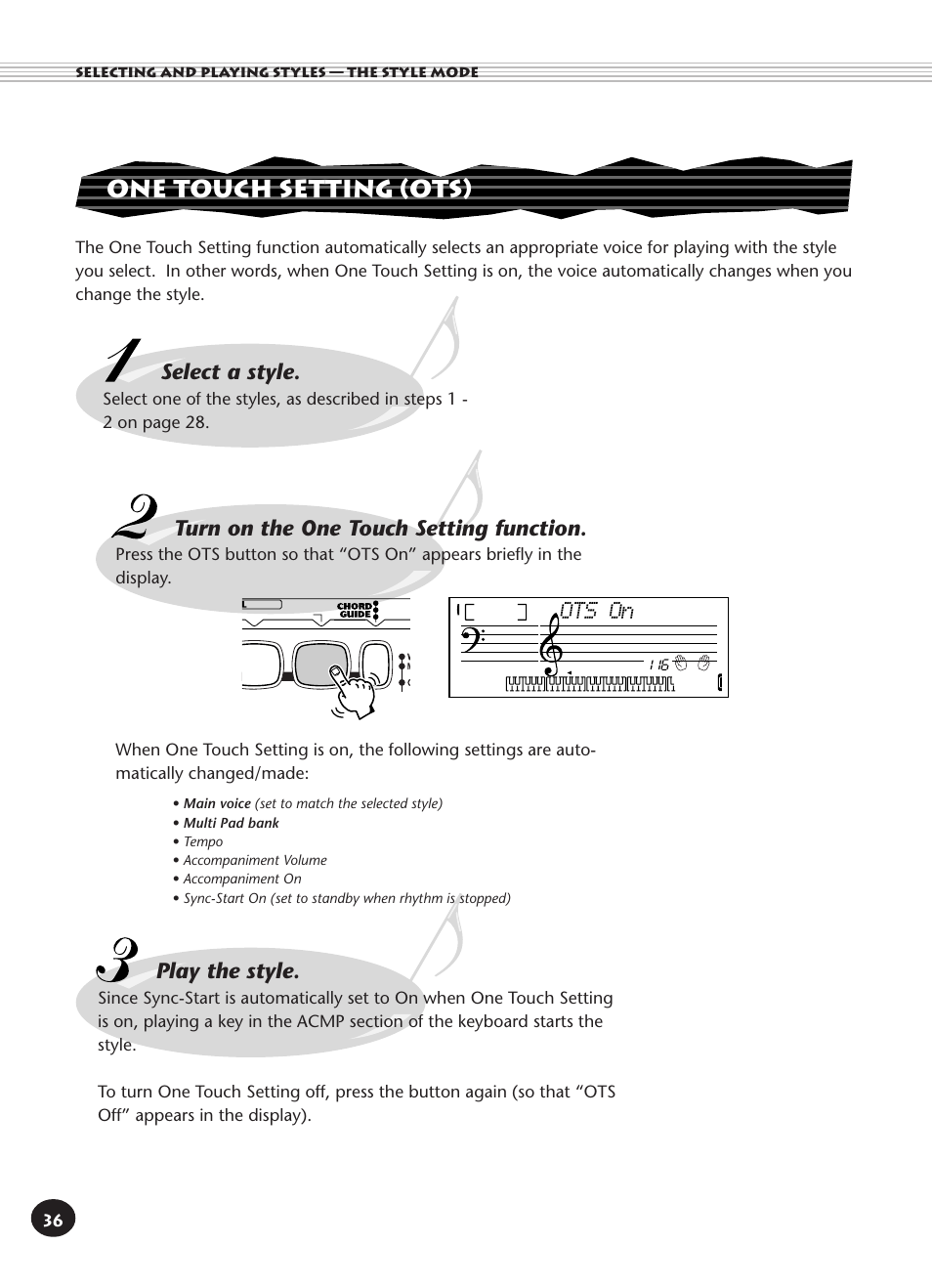 One touch setting (ots), Select a style, Turn on the one touch setting function | Play the style, Ots on | Yamaha Built-in User Manual | Page 36 / 52