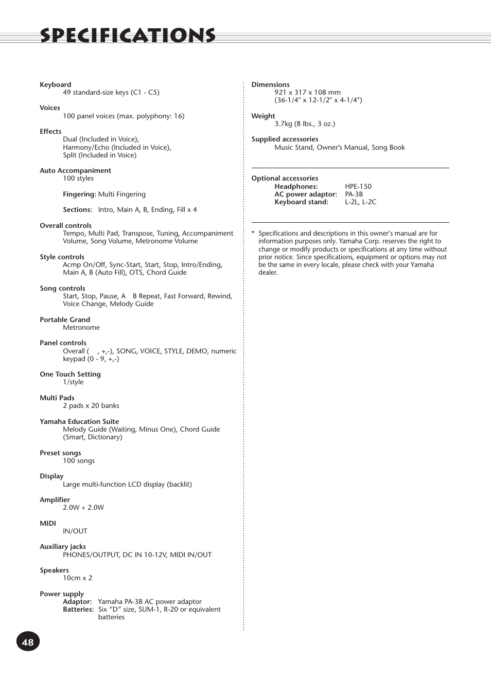 Specifications | Yamaha Built-in User Manual | Page 48 / 52