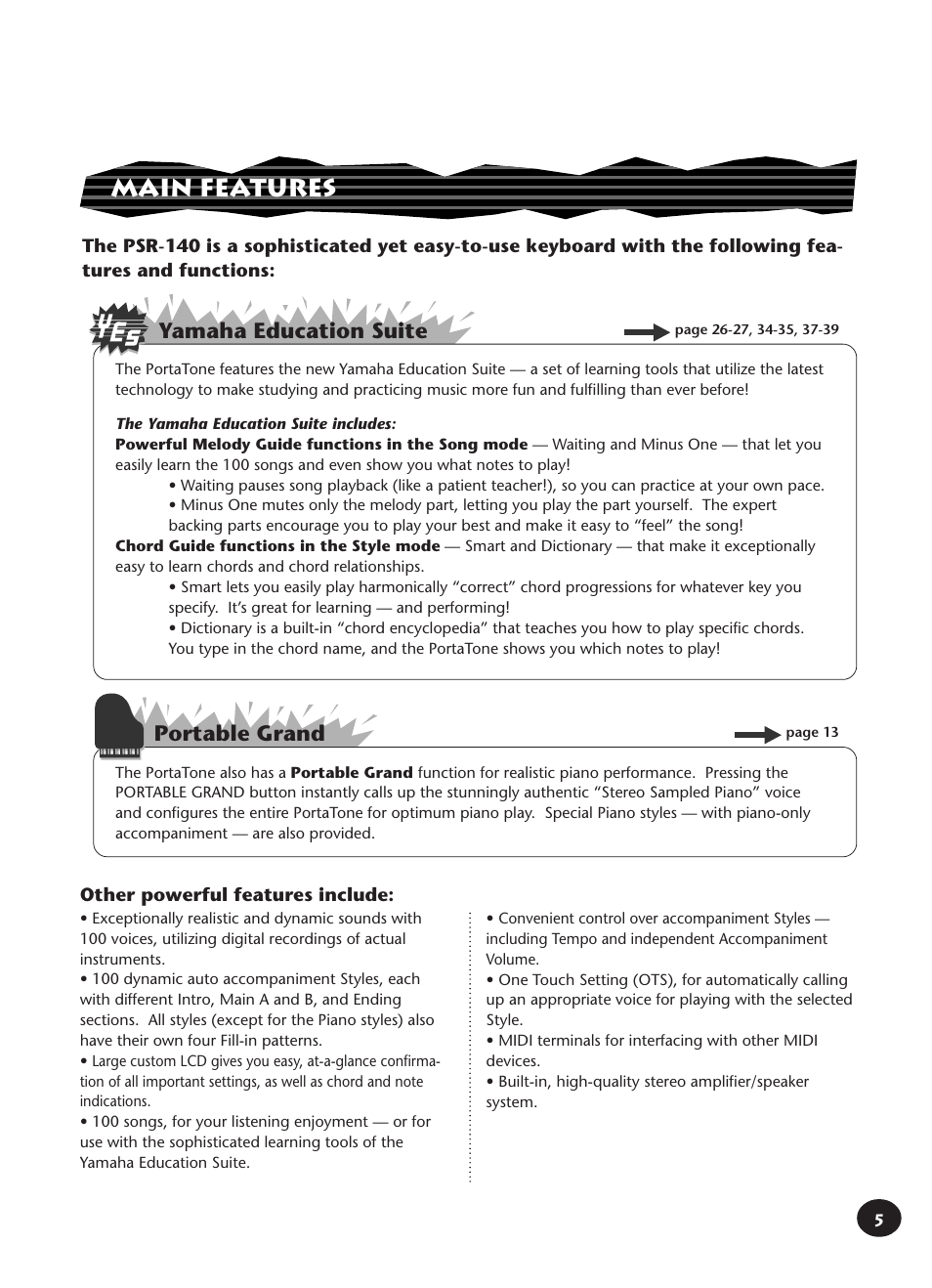 Main features, Portable grand yamaha education suite | Yamaha Built-in User Manual | Page 5 / 52