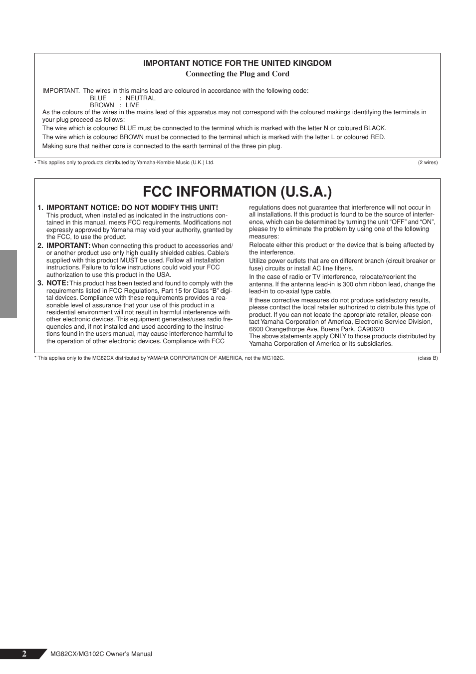 Fcc information (u.s.a.) | Yamaha MG102Cc User Manual | Page 2 / 21