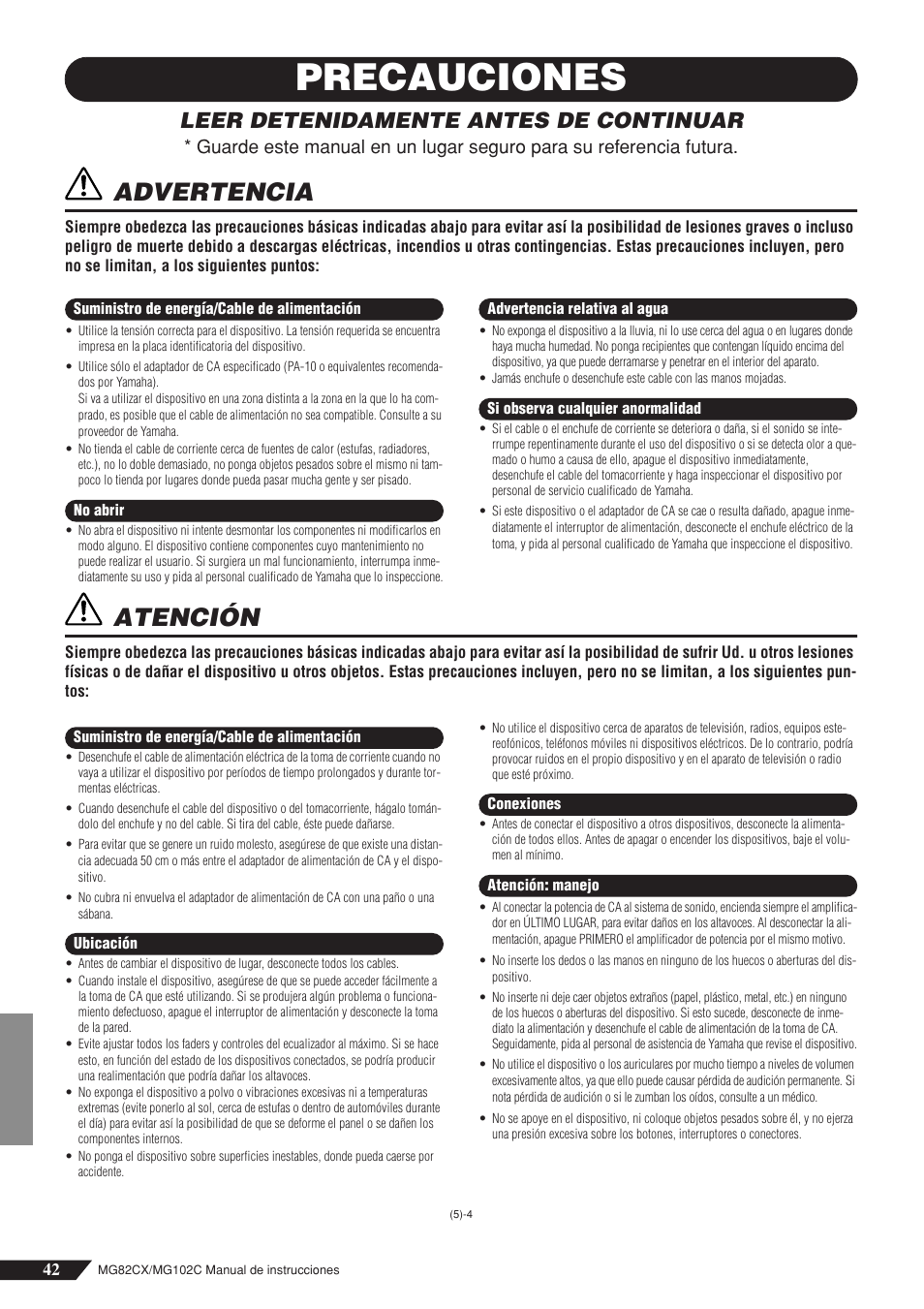 Precauciones, Advertencia, Atención | Leer detenidamente antes de continuar | Yamaha MG102Cc User Manual | Page 3 / 21