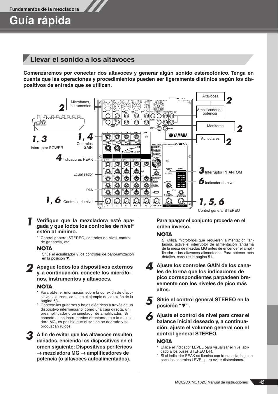 Guía rápida, Llevar el sonido a los altavoces | Yamaha MG102Cc User Manual | Page 6 / 21