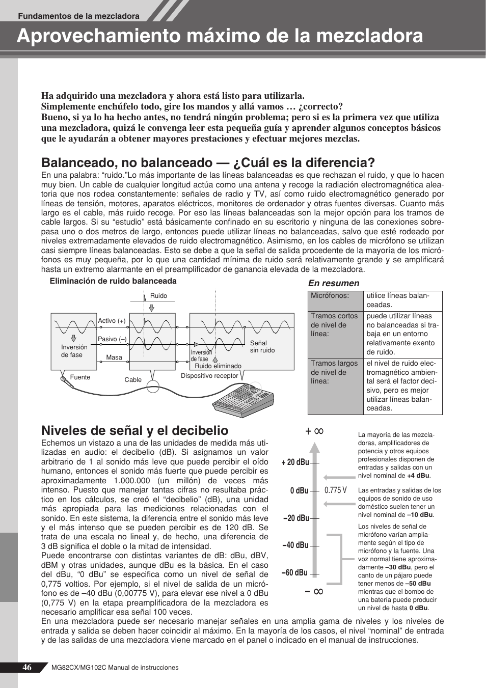 Aprovechamiento máximo de la mezcladora, Balanceado, no balanceado — ¿cuál es la diferencia, Niveles de señal y el decibelio | Yamaha MG102Cc User Manual | Page 7 / 21