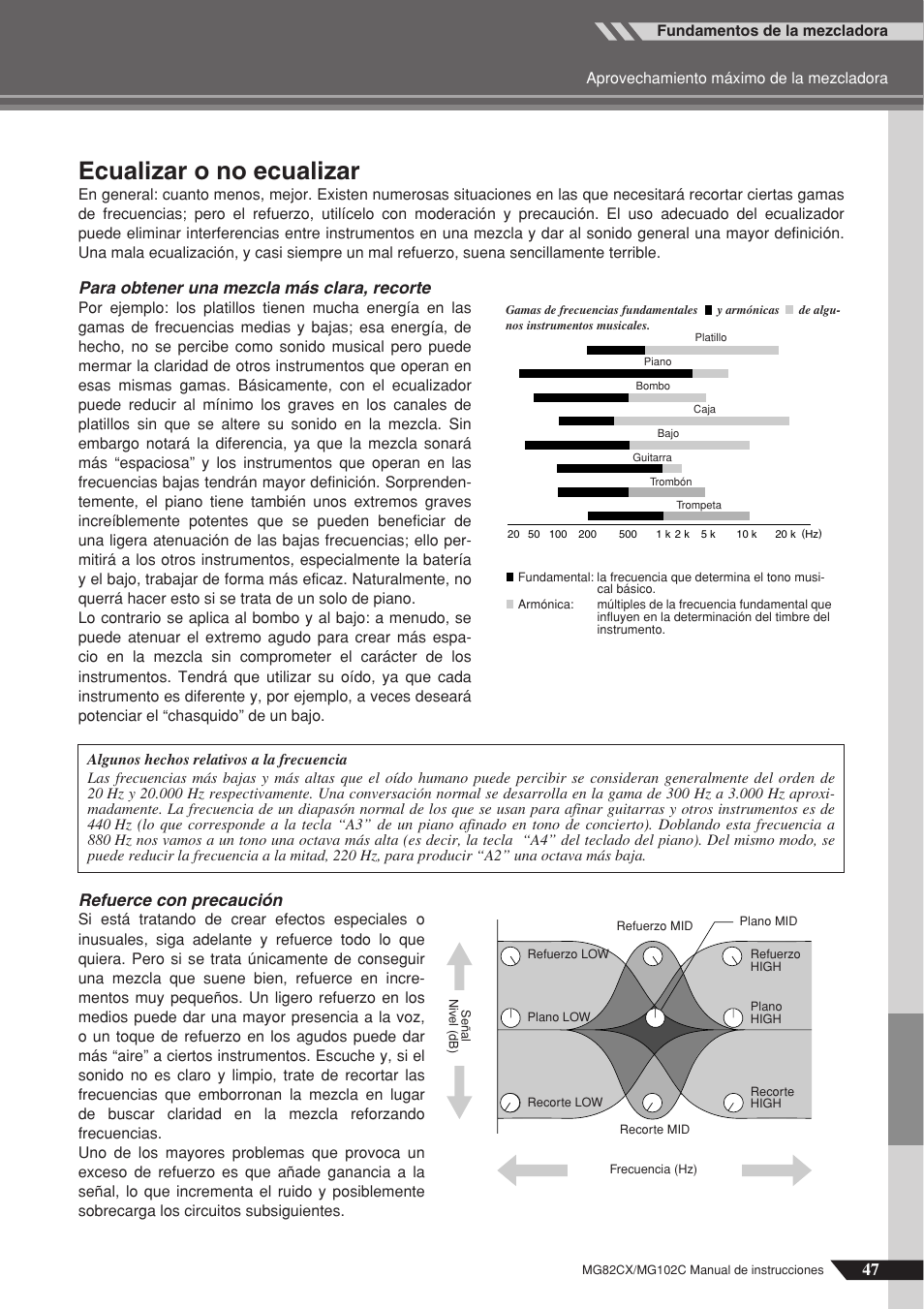 Ecualizar o no ecualizar, Para obtener una mezcla más clara, recorte, Refuerce con precaución | Yamaha MG102Cc User Manual | Page 8 / 21