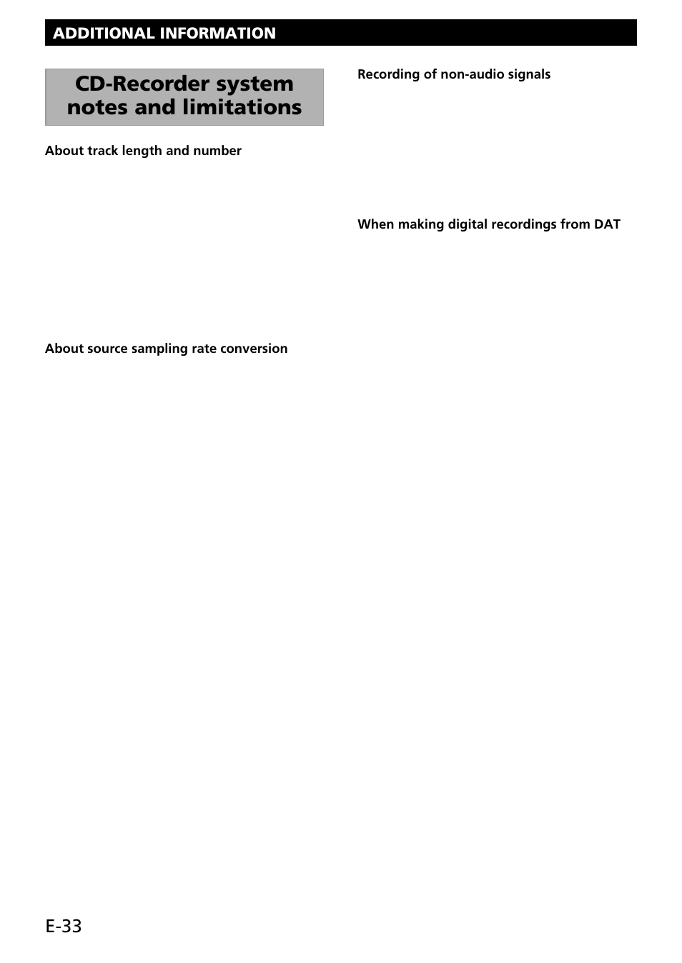 Cd-recorder system notes and limitations, E-33 | Yamaha CDR-S1000 User Manual | Page 36 / 38