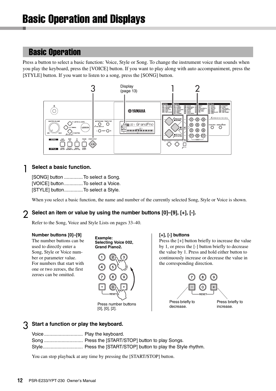 Basic operation and displays, Basic operation, Ages 12 | Yamaha YPT-230 User Manual | Page 12 / 48