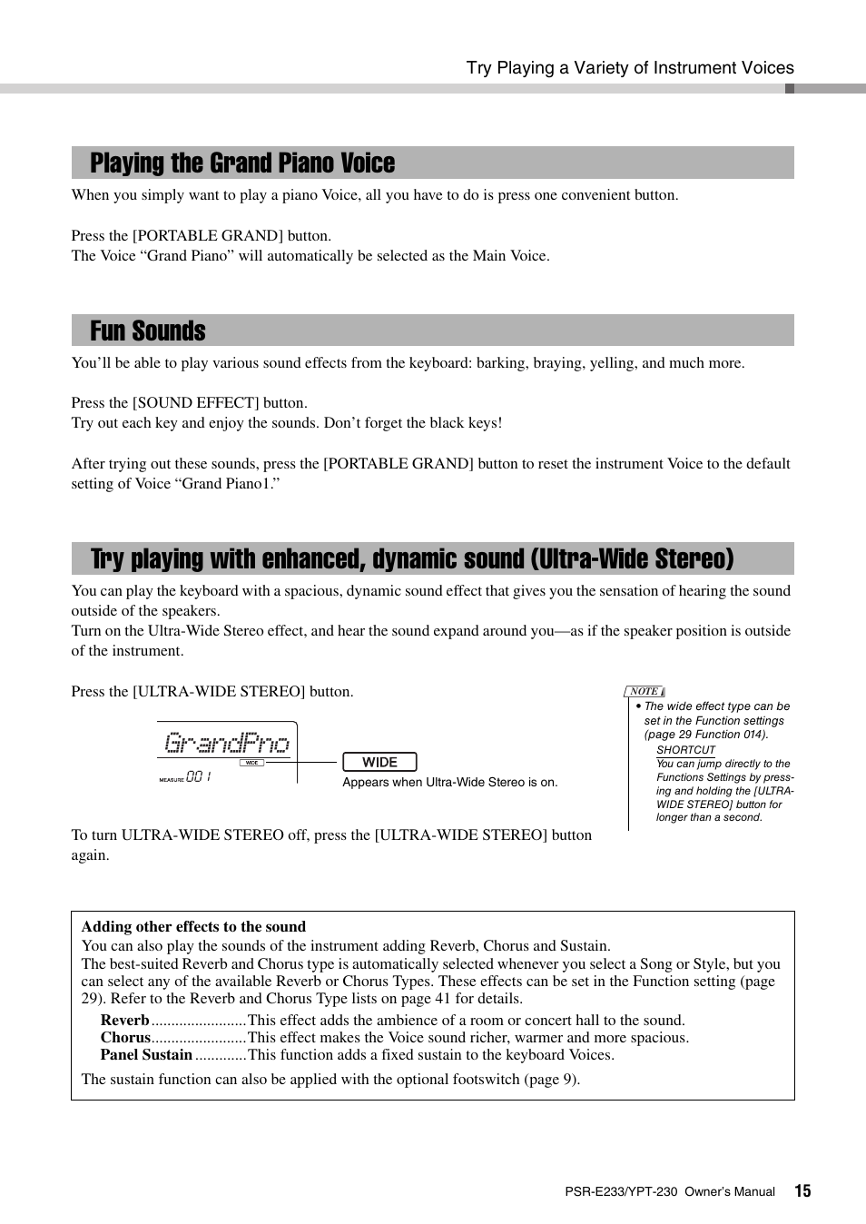 Playing the grand piano voice, Fun sounds, Ultra-wide stereo) | Grandpno | Yamaha YPT-230 User Manual | Page 15 / 48