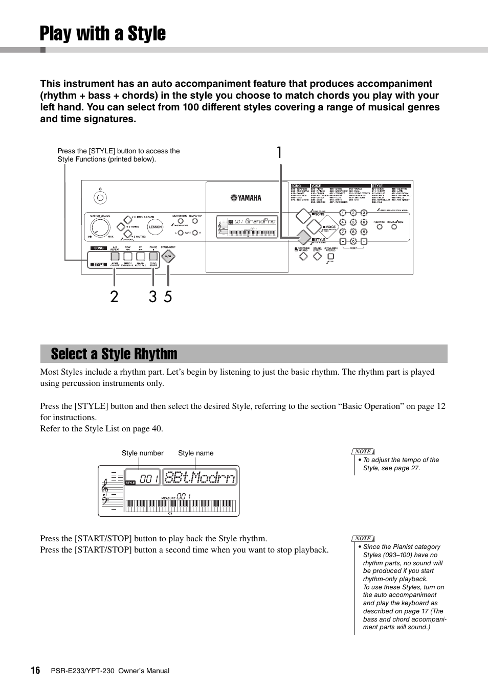 Play with a style, Select a style rhythm, 8btmodrn | Yamaha YPT-230 User Manual | Page 16 / 48