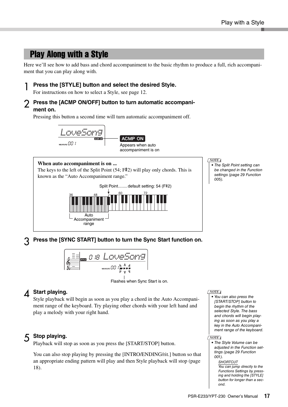 Play along with a style, Lovesong | Yamaha YPT-230 User Manual | Page 17 / 48