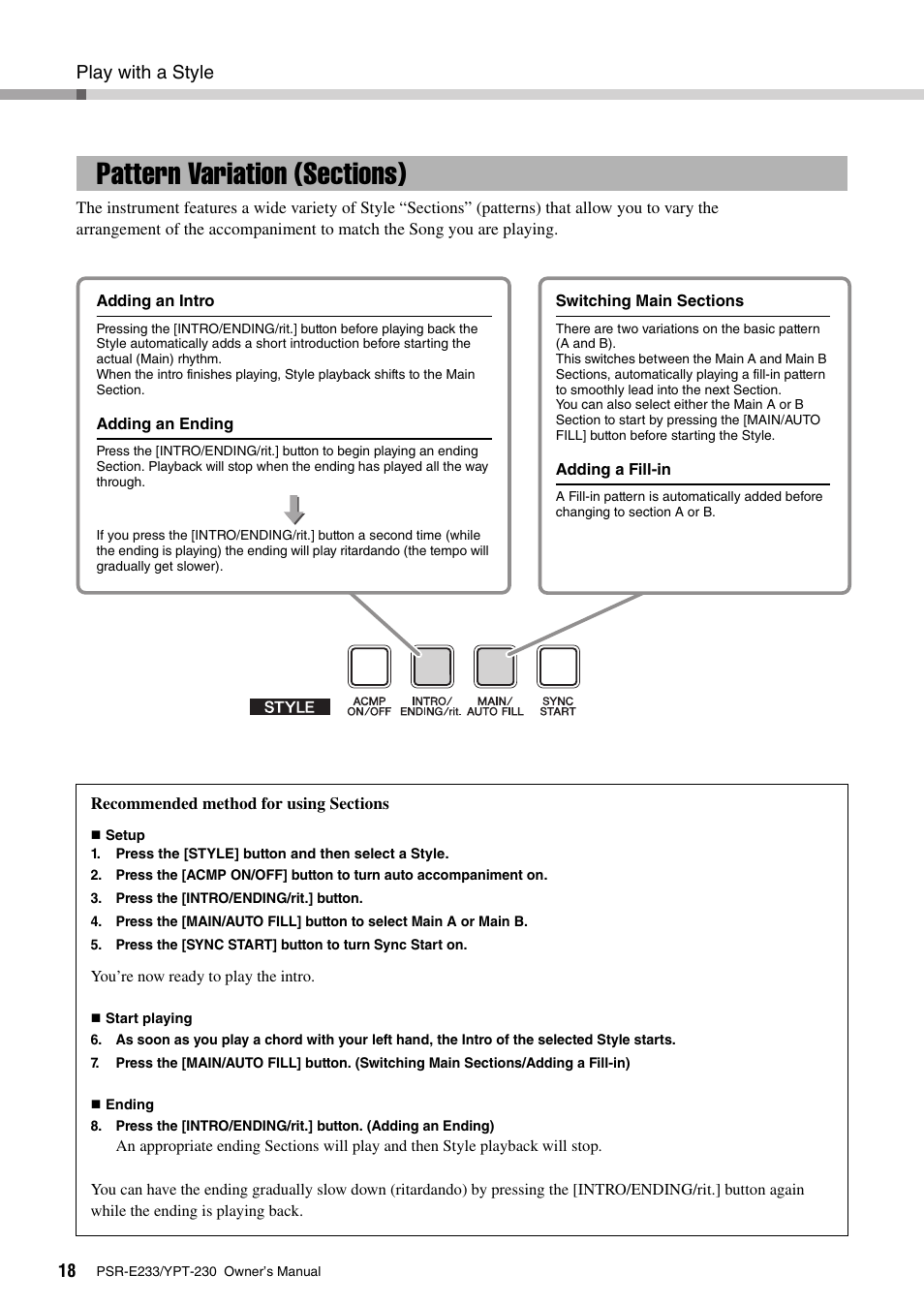 Pattern variation (sections), Play with a style | Yamaha YPT-230 User Manual | Page 18 / 48