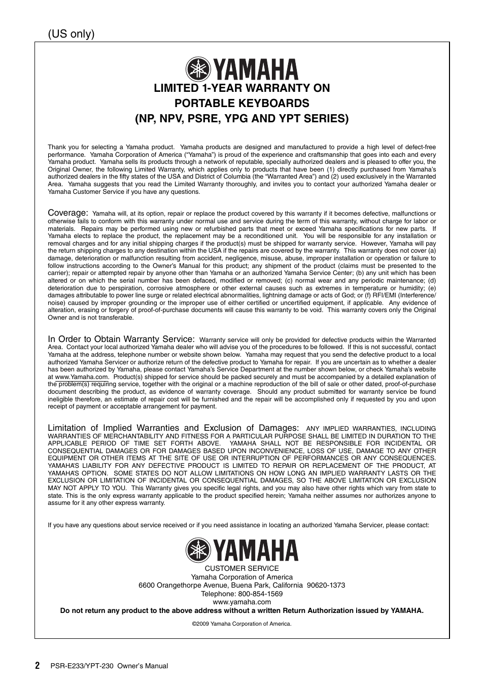 Us only) | Yamaha YPT-230 User Manual | Page 2 / 48