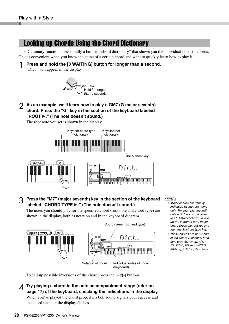 Looking up chords using the chord dictionary, Looking up chords using the chord dictionary . 20, Dict | Yamaha YPT-230 User Manual | Page 20 / 48