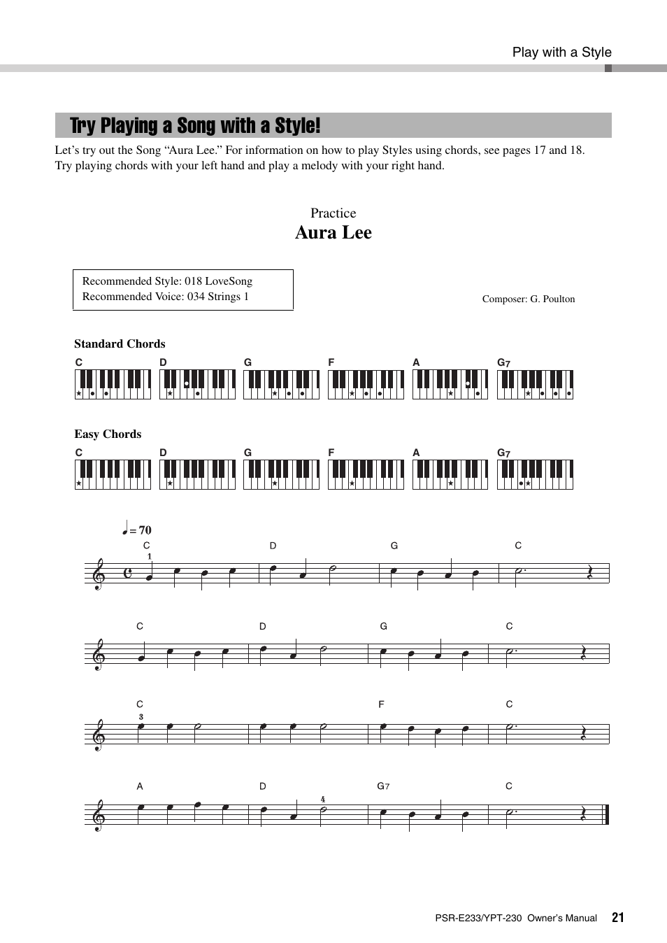 Try playing a song with a style, Aura lee, Practice | Yamaha YPT-230 User Manual | Page 21 / 48