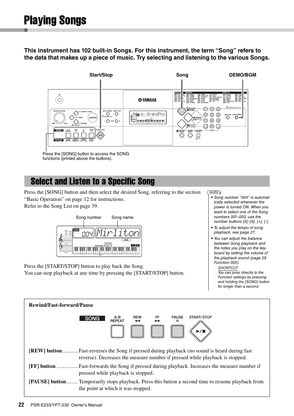 Playing songs, Select and listen to a specific song, Mirliton | Yamaha YPT-230 User Manual | Page 22 / 48