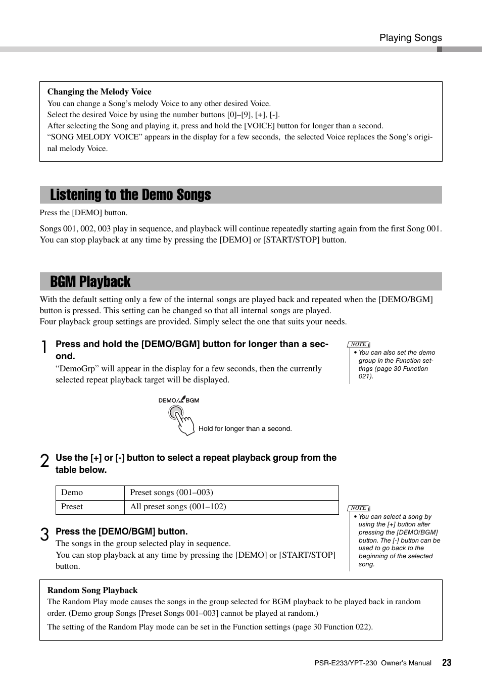 Listening to the demo songs, Bgm playback, Listening to the demo songs bgm playback | Yamaha YPT-230 User Manual | Page 23 / 48