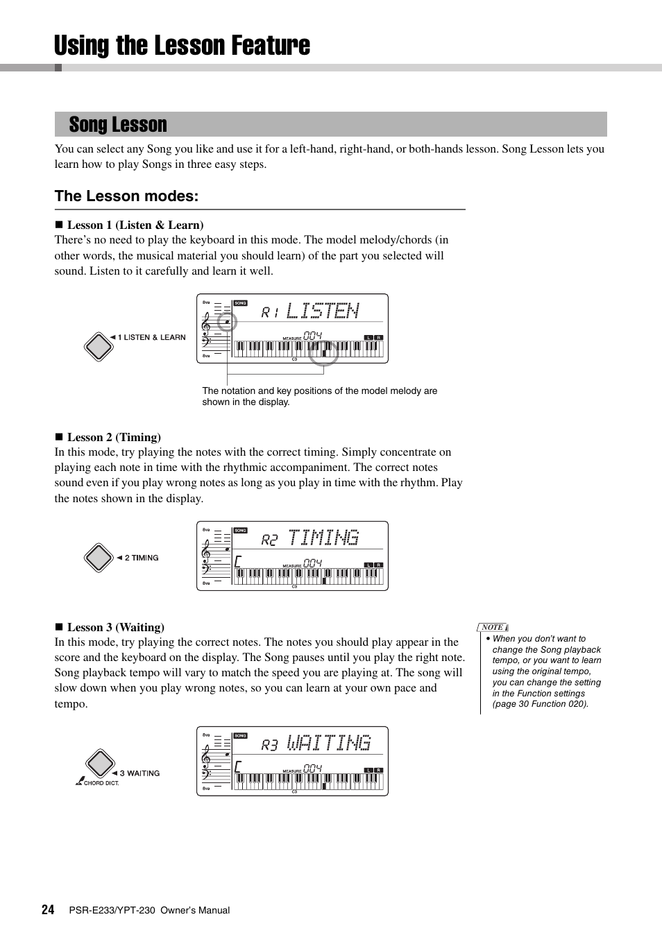 Using the lesson feature, Song lesson, Listen | Timing, Waiting | Yamaha YPT-230 User Manual | Page 24 / 48
