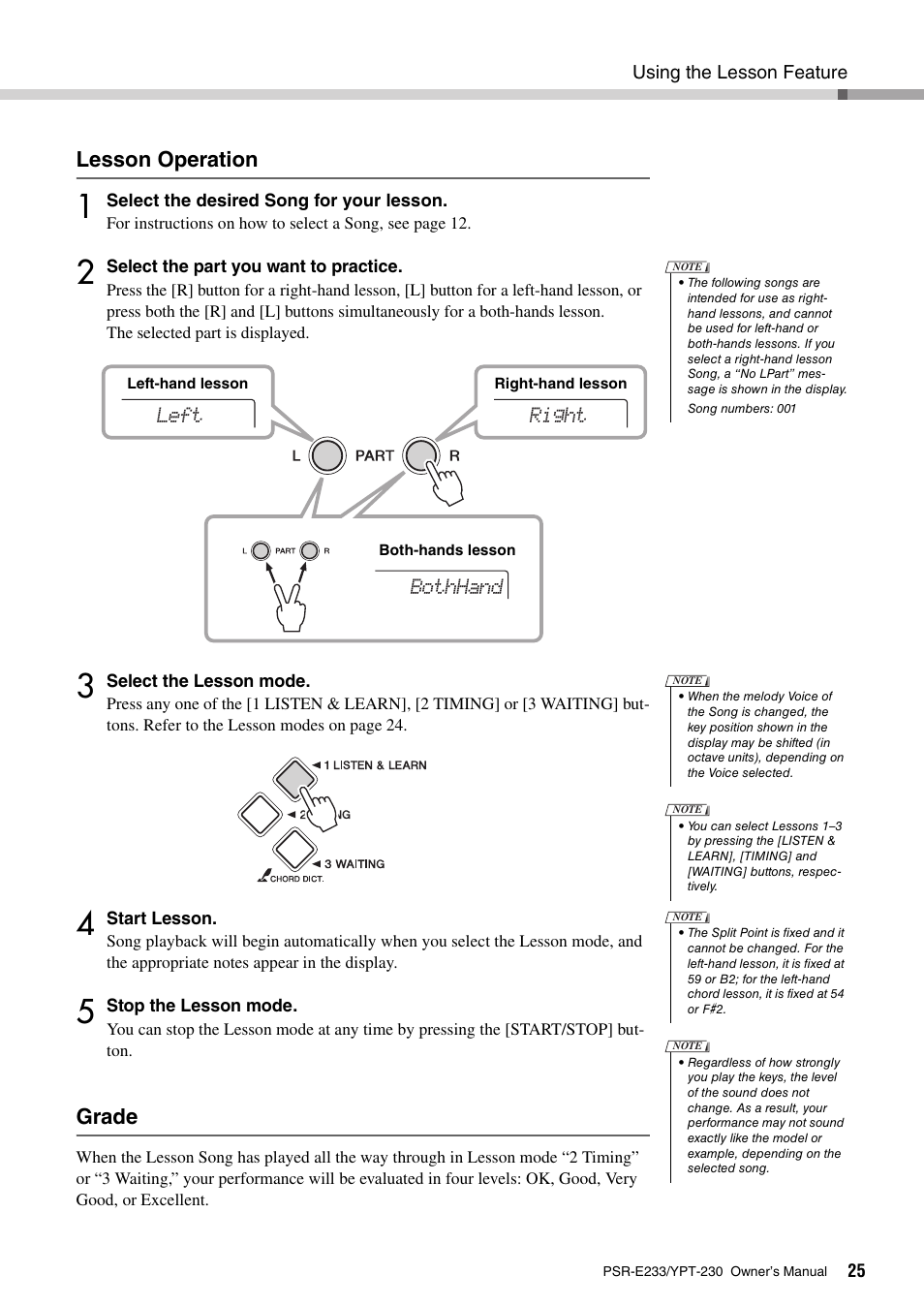 Lesson operation, Grade | Yamaha YPT-230 User Manual | Page 25 / 48