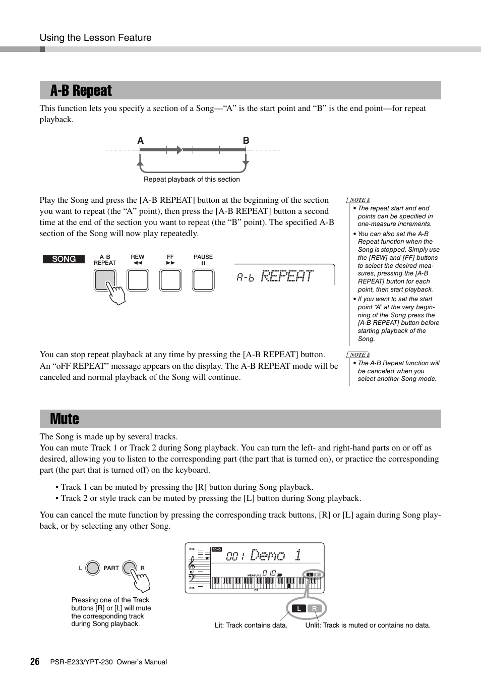 A-b repeat, Mute, A-b repeat mute | Repeat, Demo 1 | Yamaha YPT-230 User Manual | Page 26 / 48