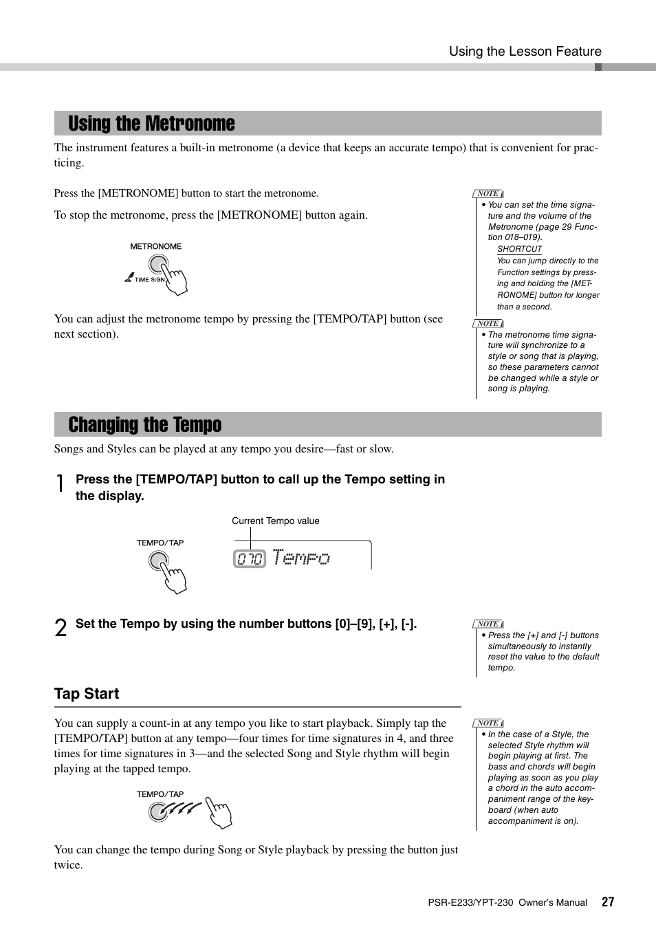 Using the metronome, Changing the tempo, Using the metronome changing the tempo | Tempo, Tap start | Yamaha YPT-230 User Manual | Page 27 / 48