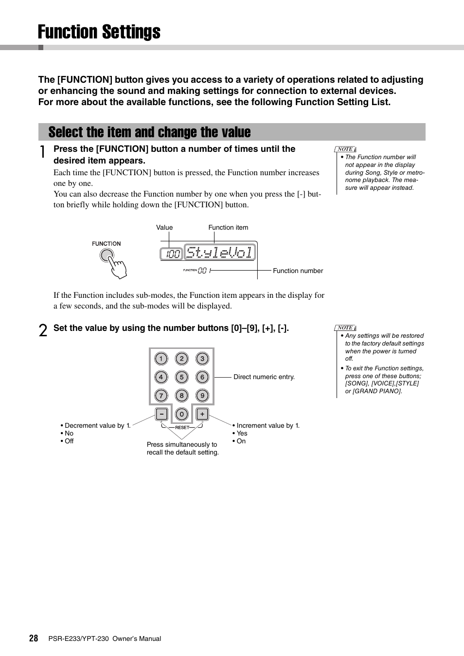 Function settings, Select the item and change the value, Stylevol | Yamaha YPT-230 User Manual | Page 28 / 48