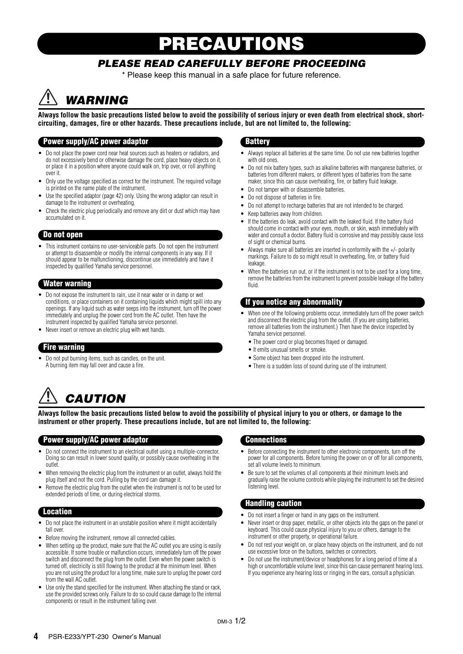 Precautions, Warning, Caution | Please read carefully before proceeding | Yamaha YPT-230 User Manual | Page 4 / 48