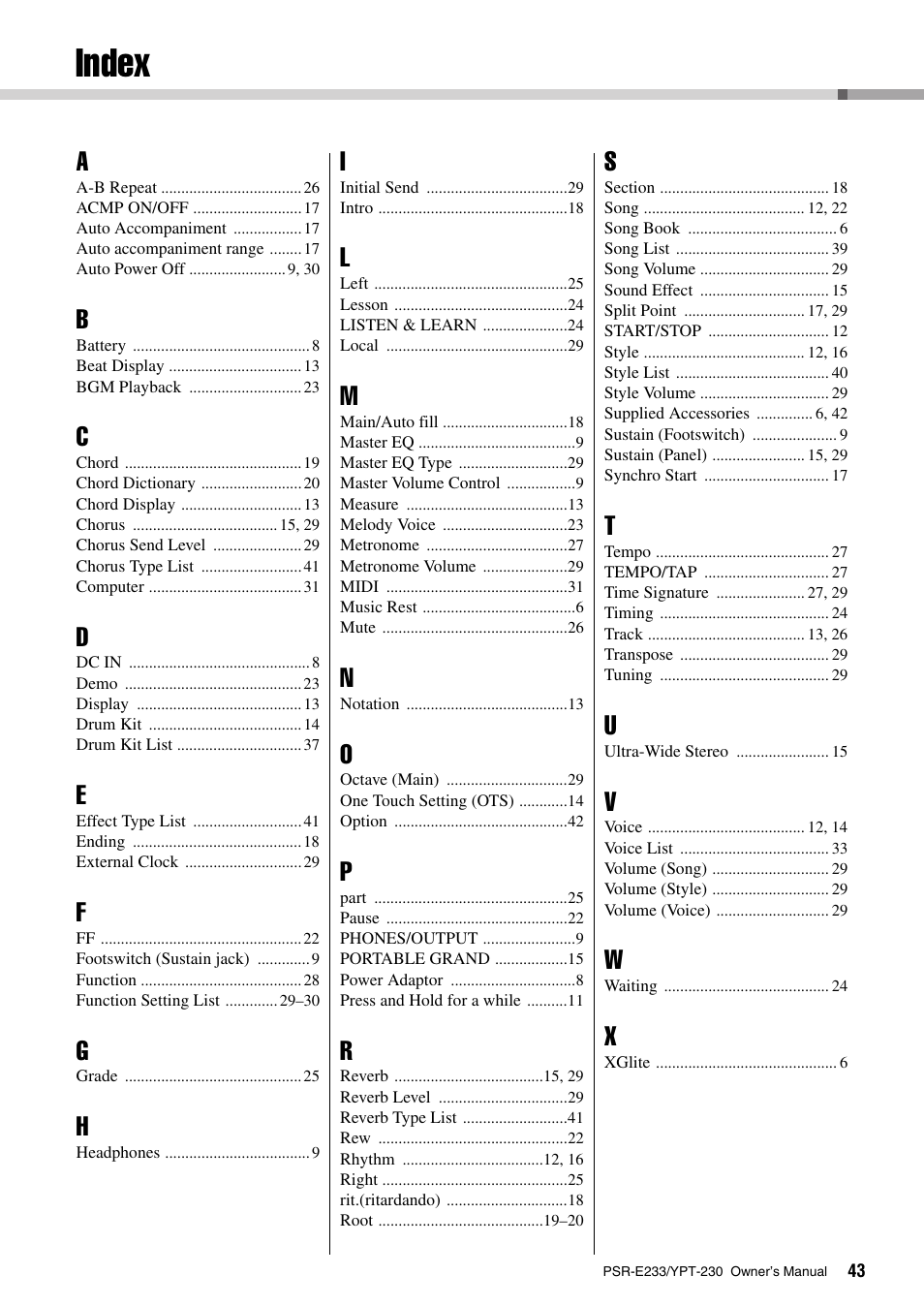 Index | Yamaha YPT-230 User Manual | Page 43 / 48