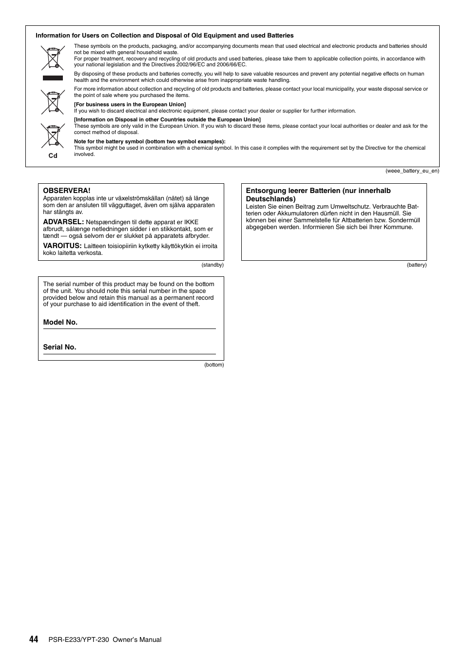 Yamaha YPT-230 User Manual | Page 44 / 48