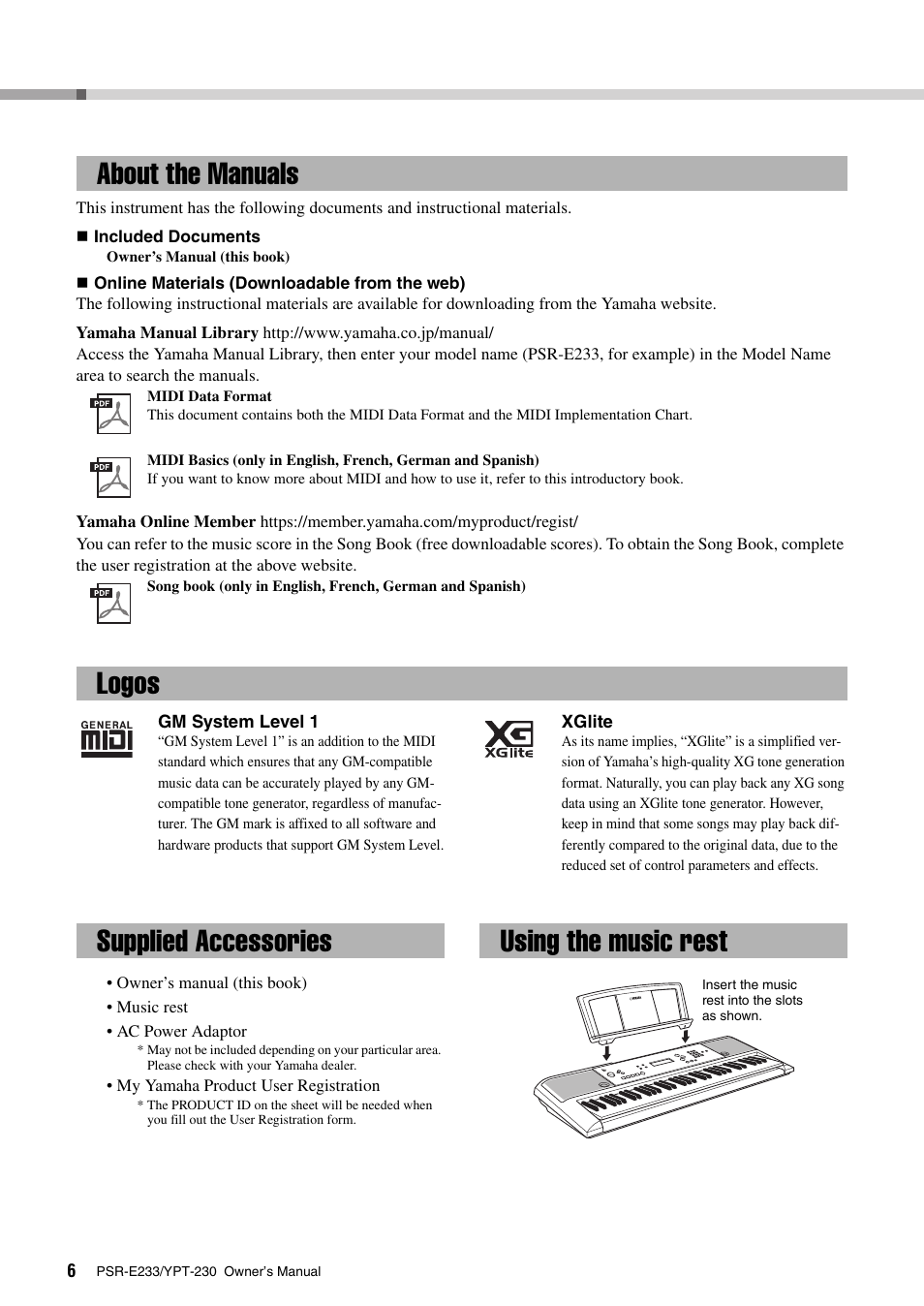 About the manuals, Logos, Supplied accessories | Using the music rest | Yamaha YPT-230 User Manual | Page 6 / 48