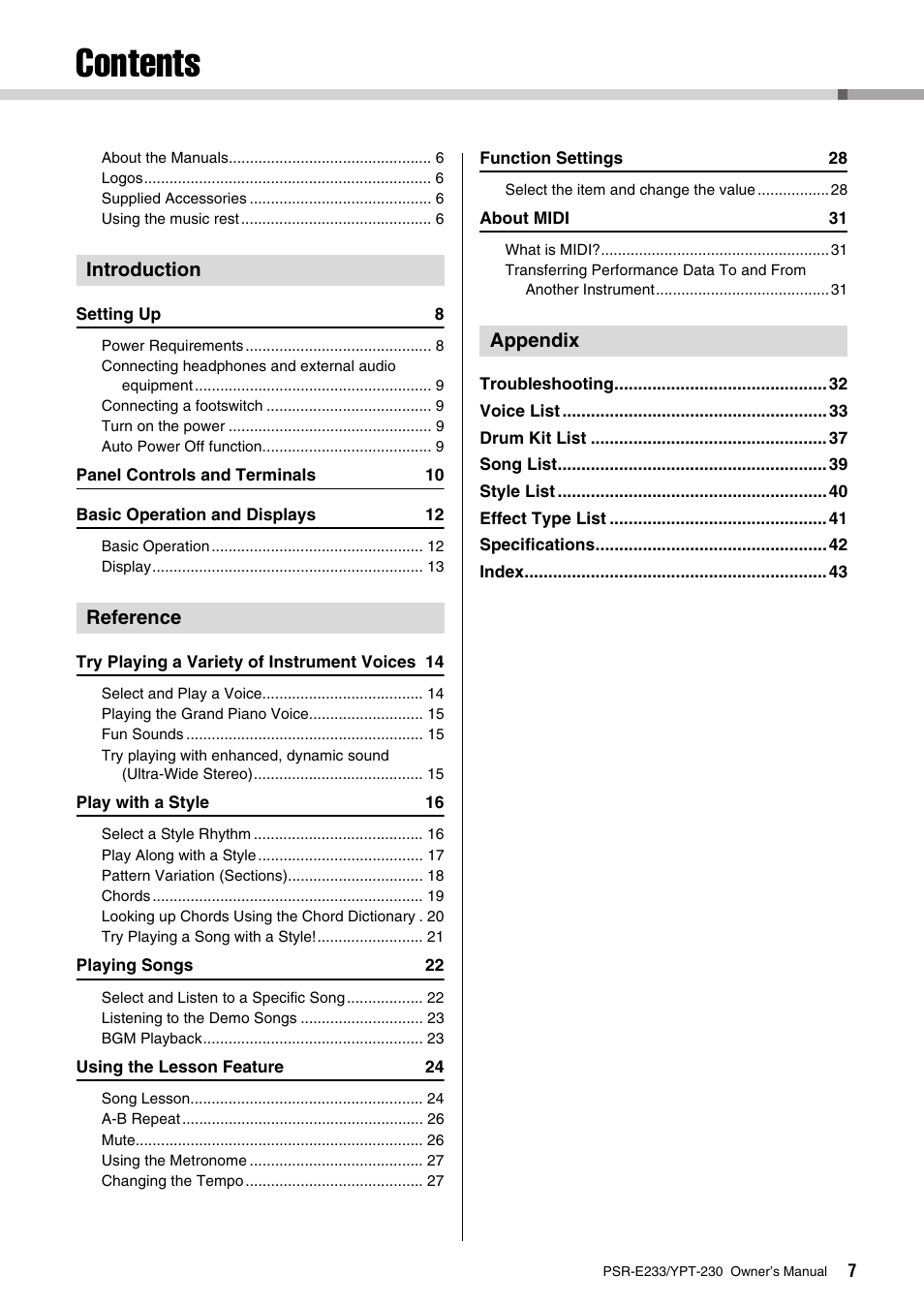 Yamaha YPT-230 User Manual | Page 7 / 48