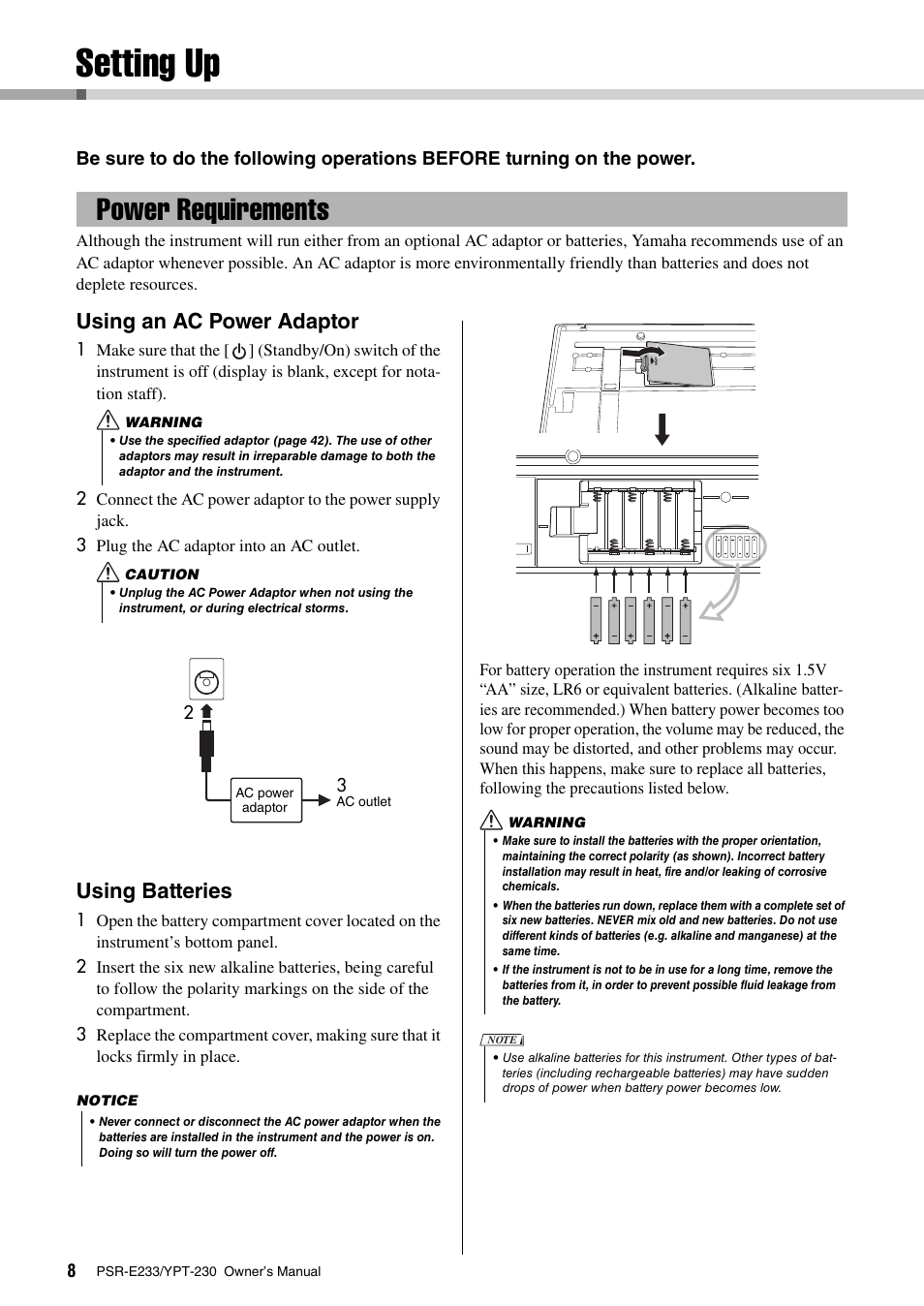 Introduction, Setting up, Power requirements | Using an ac power adaptor, Using batteries | Yamaha YPT-230 User Manual | Page 8 / 48