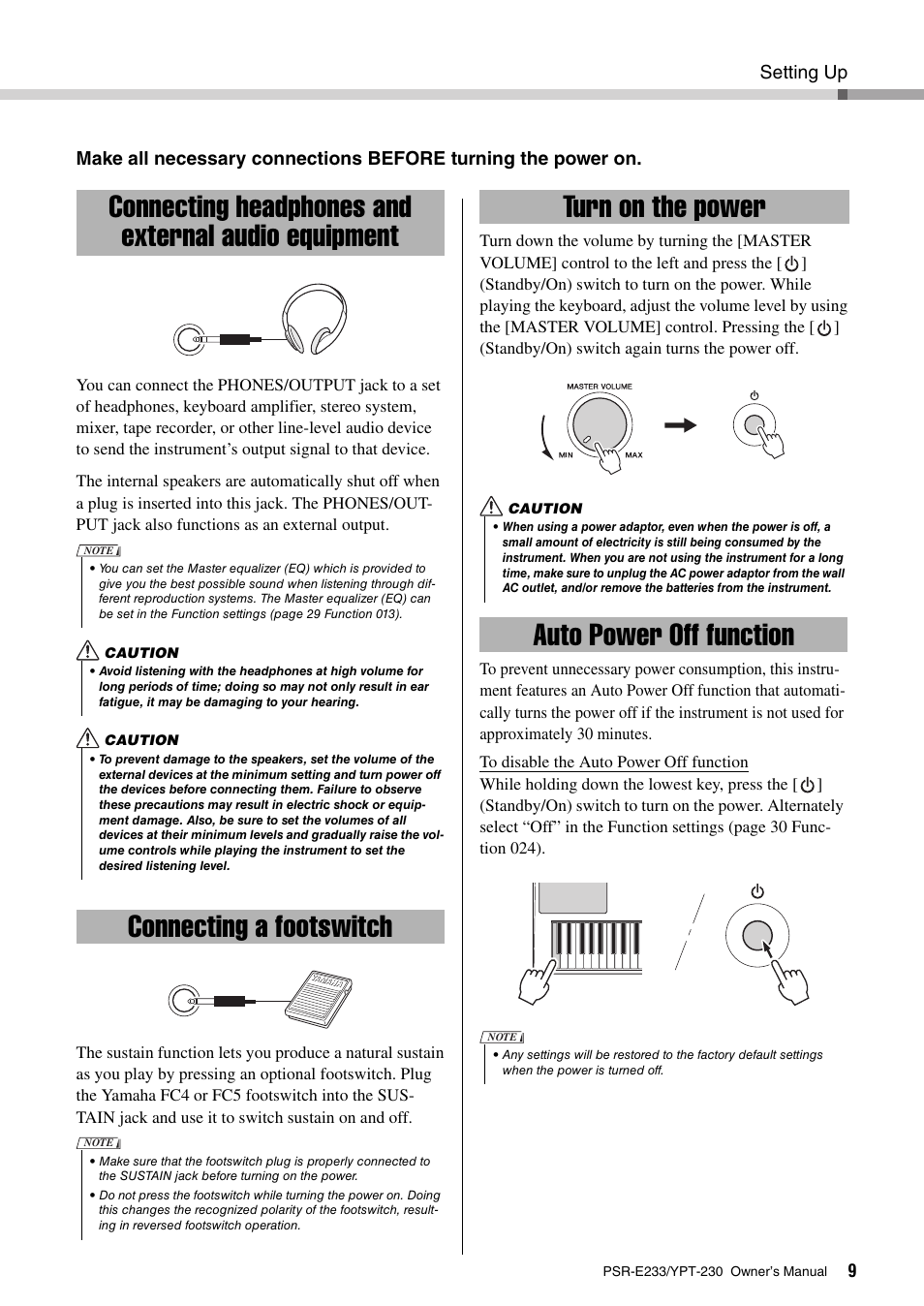 Connecting headphones and external audio equipment, Connecting a footswitch, Turn on the power | Auto power off function, Connecting headphones and external audio, Equipment | Yamaha YPT-230 User Manual | Page 9 / 48