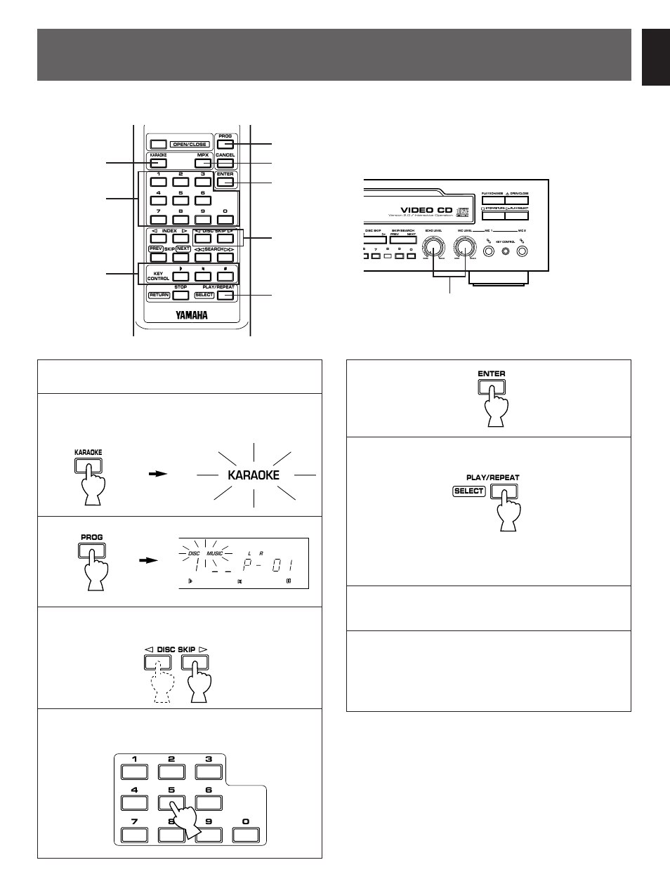 Pre-programming selections (for singing karaoke), English, Karaoke | Yamaha VCD-100K User Manual | Page 13 / 21