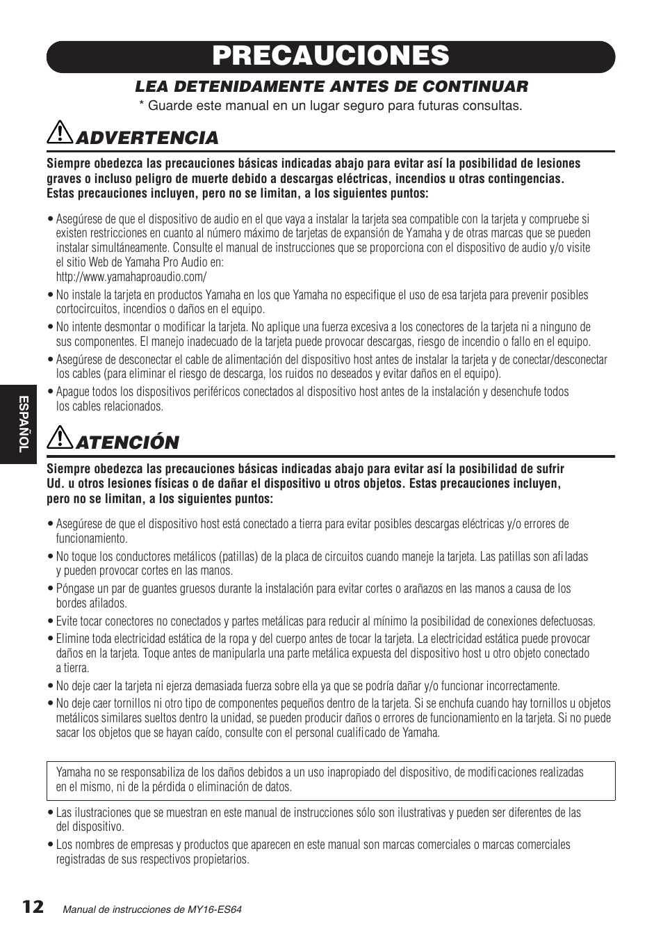 Precauciones, Advertencia, Atención | Yamaha EtherSound MY16-ES64 User Manual | Page 3 / 8