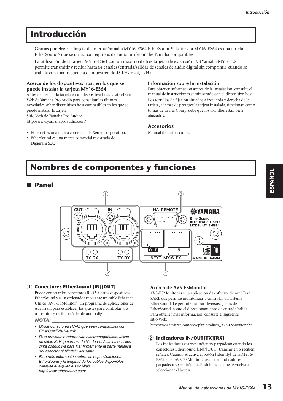 Introducción, Nombres de componentes y funciones, Panel | Introducción nombres de componentes y funciones | Yamaha EtherSound MY16-ES64 User Manual | Page 4 / 8