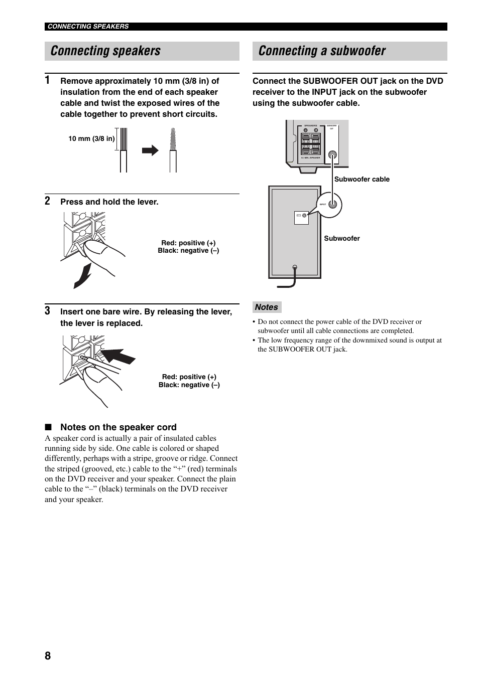 Connecting speakers, Connecting a subwoofer | Yamaha RDX-E700 User Manual | Page 10 / 57