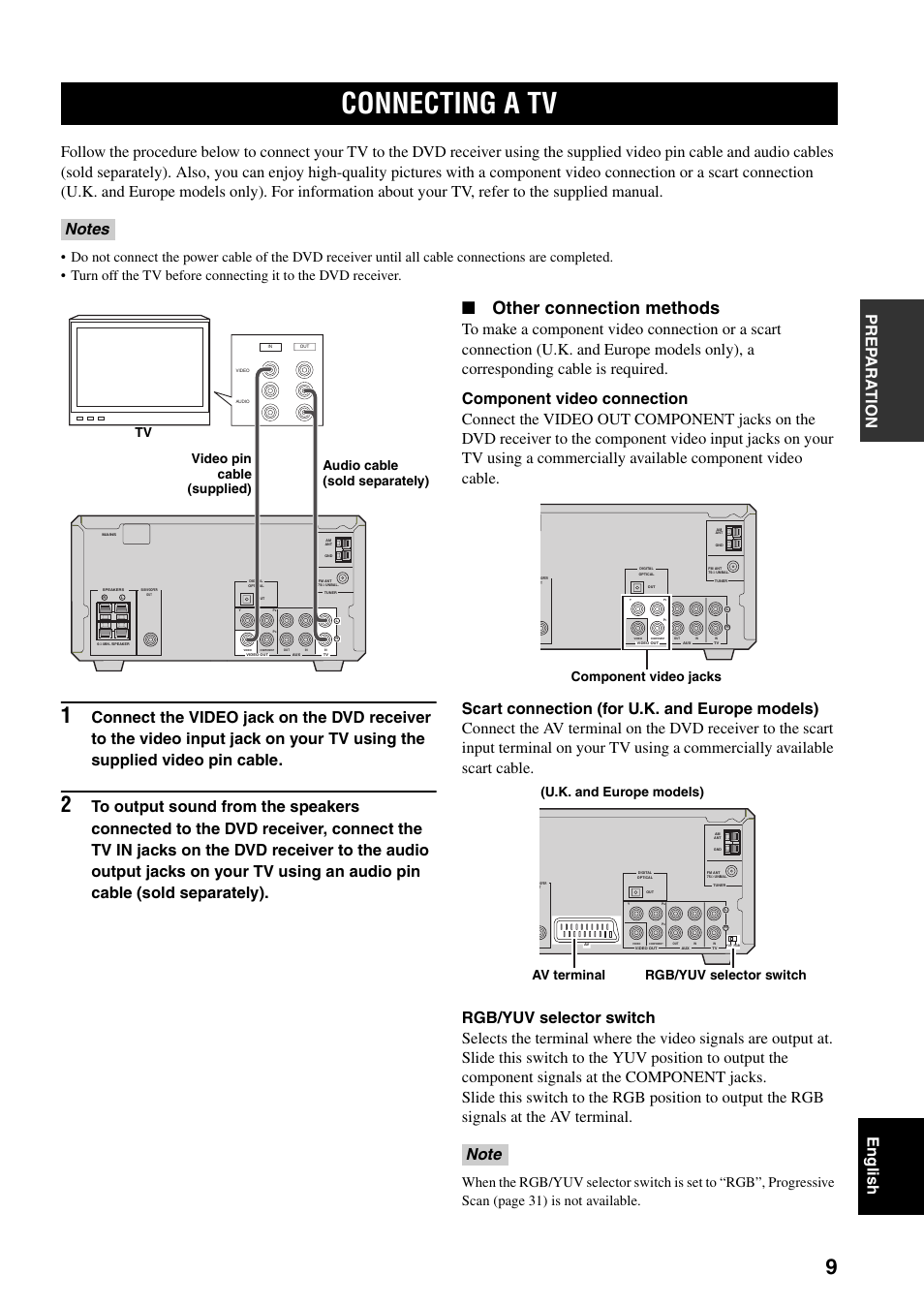 Other connection methods, Component video jacks, Connecting a tv | Yamaha RDX-E700 User Manual | Page 11 / 57