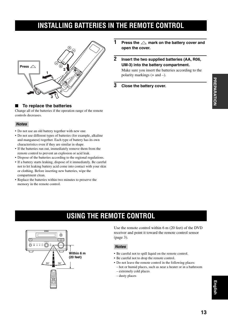 Installing batteries in the remote control, Using the remote control | Yamaha RDX-E700 User Manual | Page 15 / 57