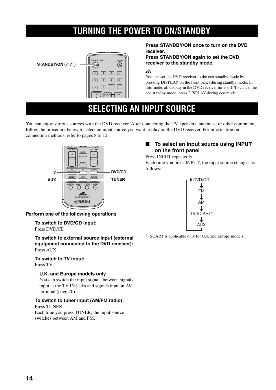 Turning the power to on/standby, Selecting an input source | Yamaha RDX-E700 User Manual | Page 16 / 57