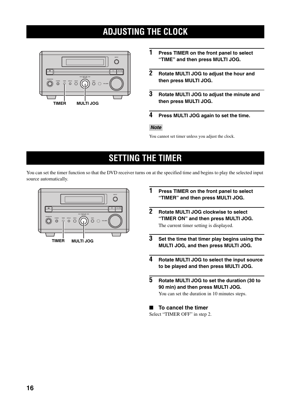 Adjusting the clock, Setting the timer, Press multi jog again to set the time | Select “timer off” in step 2 | Yamaha RDX-E700 User Manual | Page 18 / 57