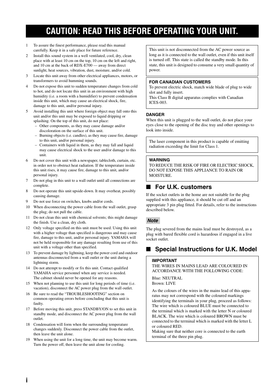 Caution: read this before operating your unit, For u.k. customers, Special instructions for u.k. model | Yamaha RDX-E700 User Manual | Page 2 / 57